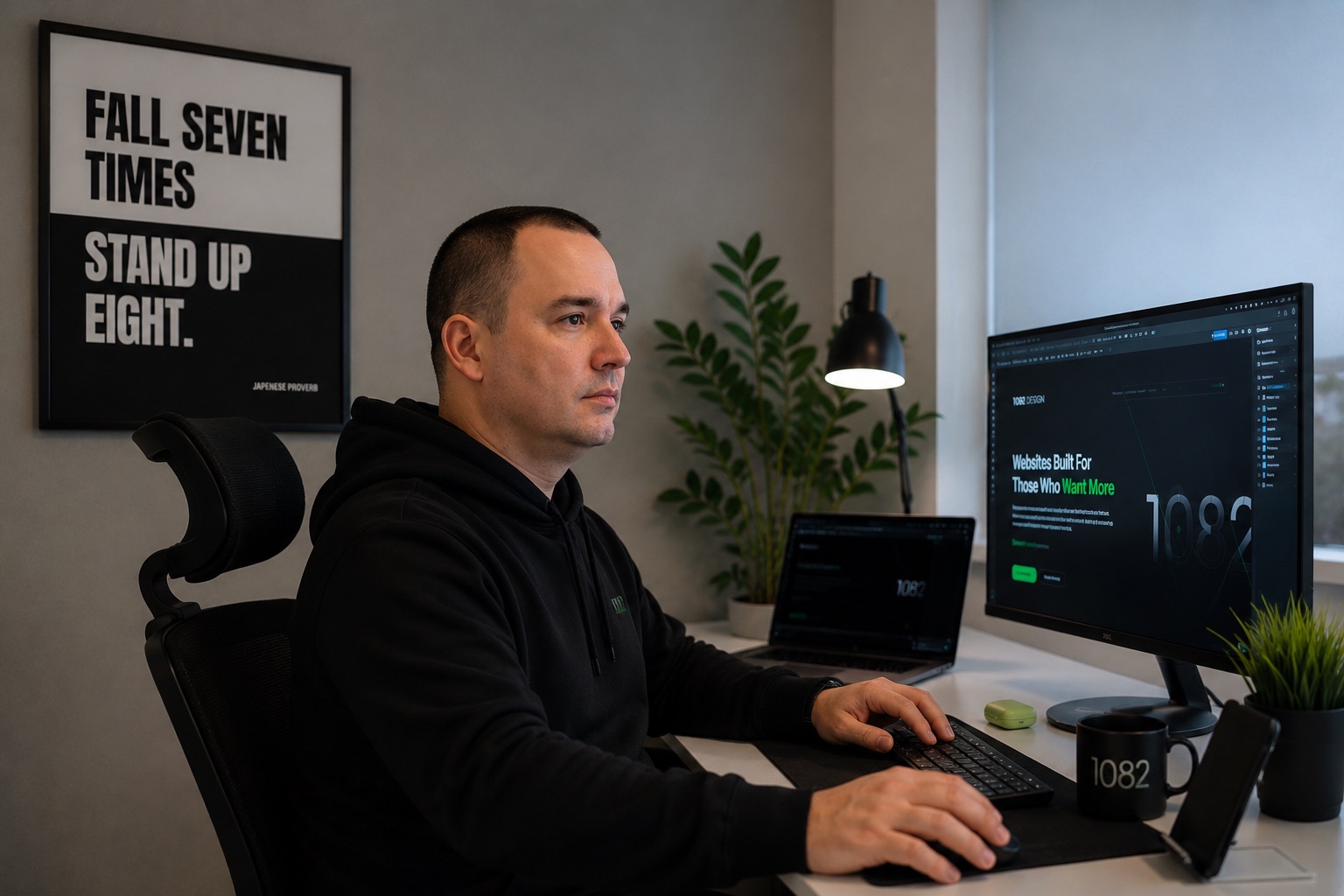 Working in the office with the 1082 Design homepage on screen