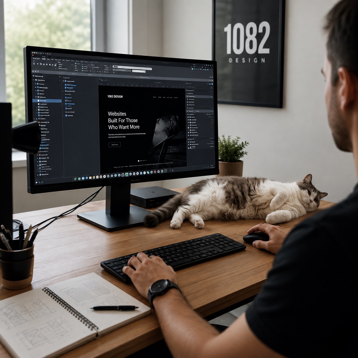 Editing a website on a large monitor, with the cat resting nearby