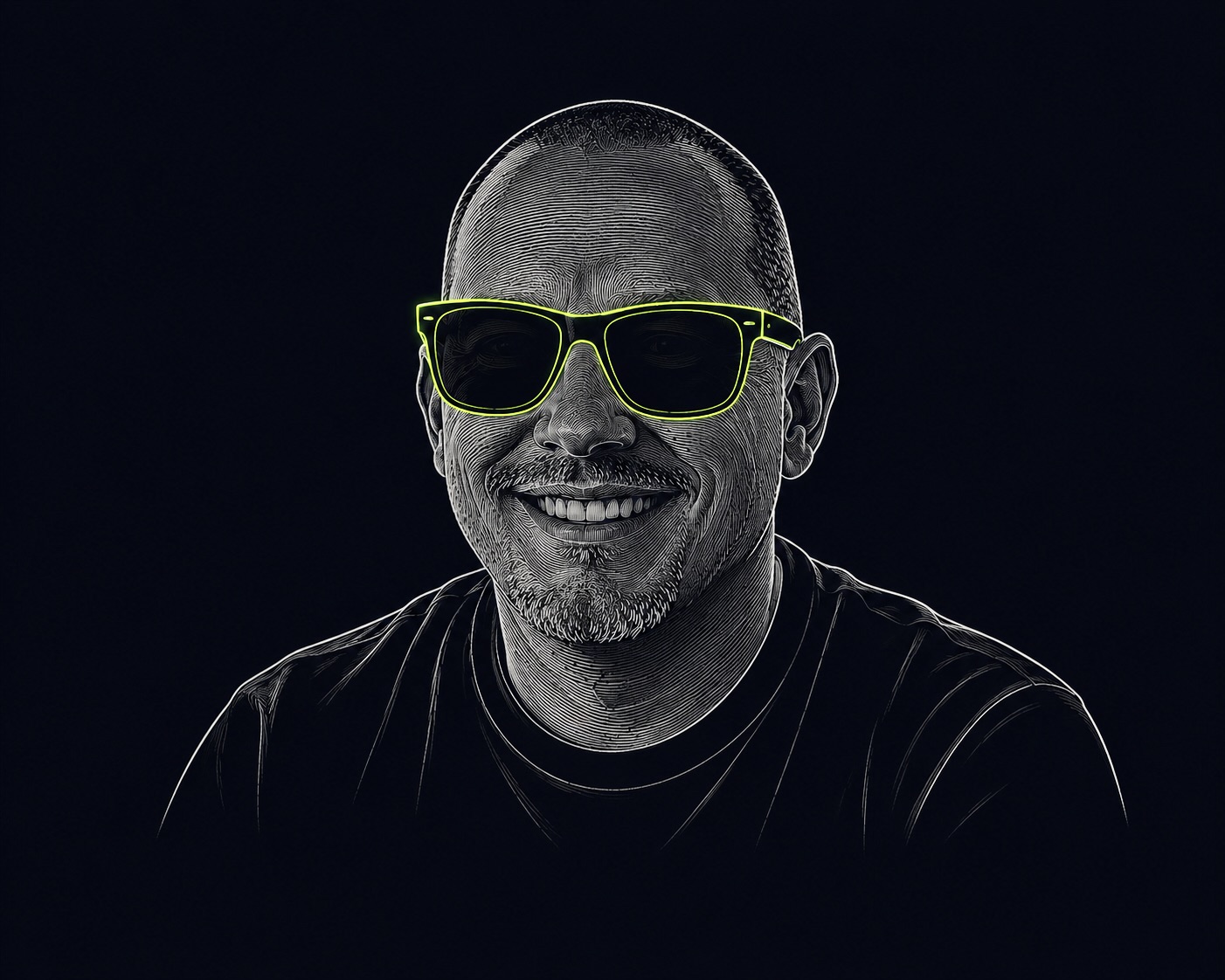 Portrait of the founder of 1082 Design wearing neon green sunglasses on a dark background